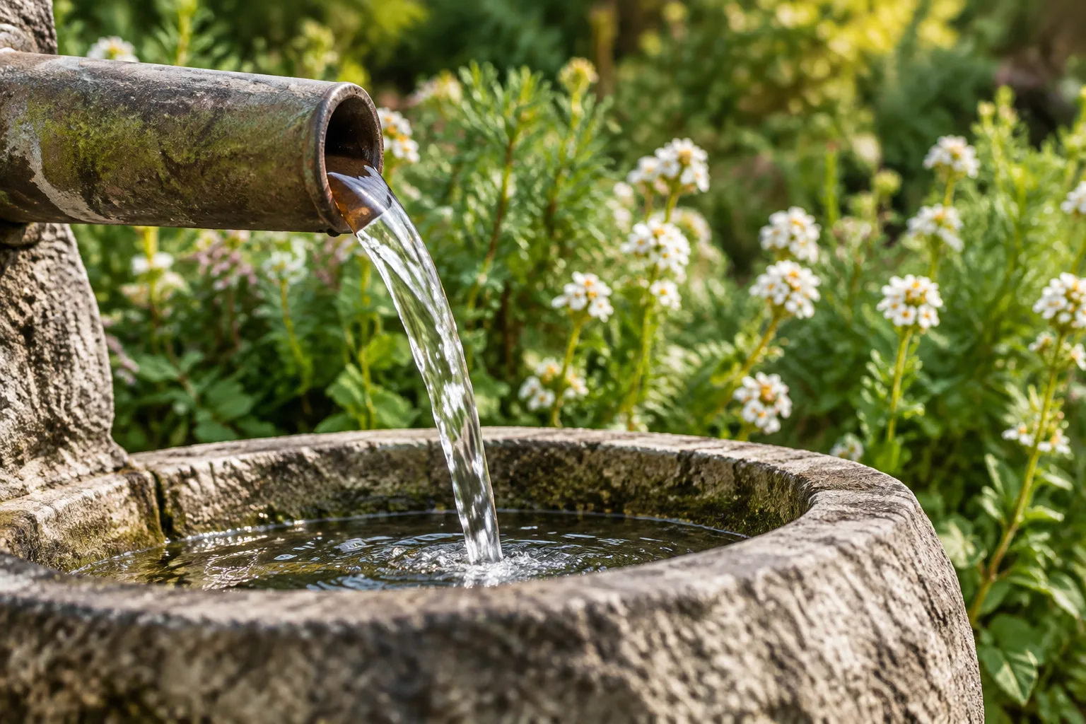 Acqua versata in una vasca di pietra in giardino.