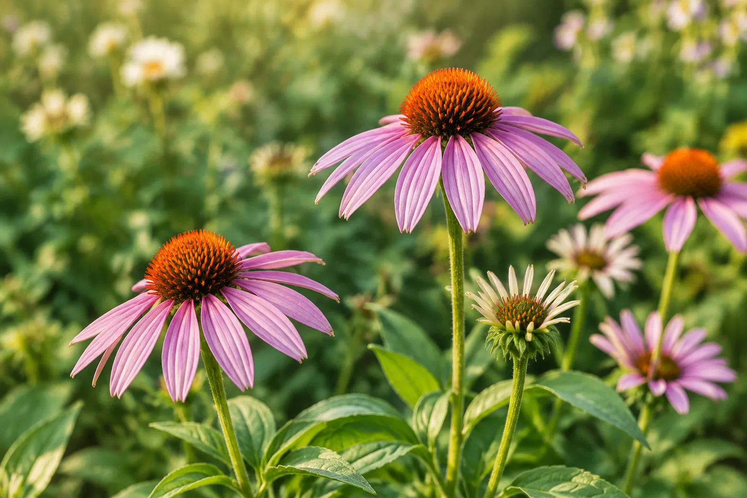 Fiori di echinacea rosa in un’aiuola soleggiata.