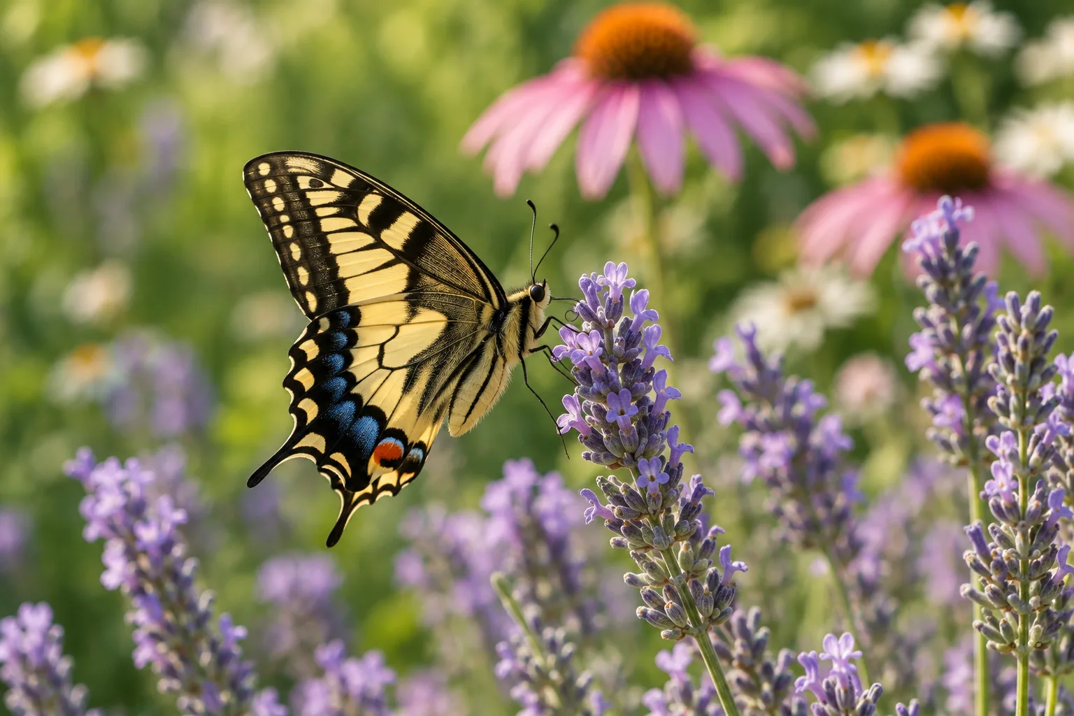 Farfalla posata su una spiga di lavanda in fiore.