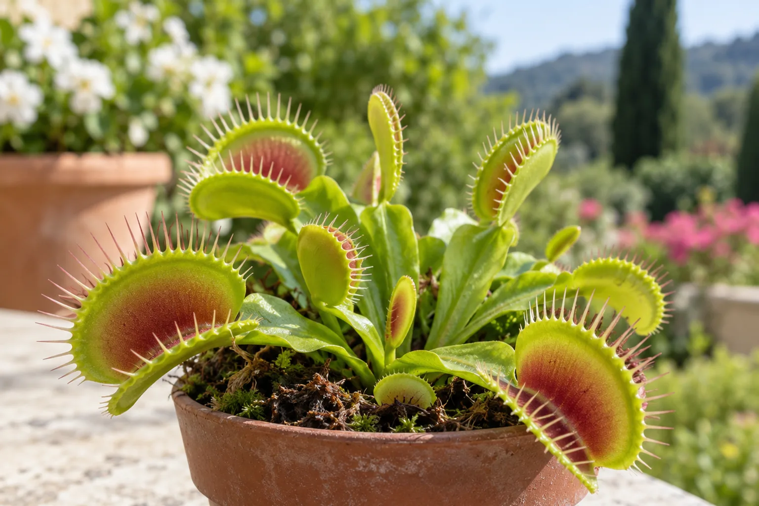 Venus flytrap in vaso con trappole verdi e rosse all'aperto, luce naturale brillante
