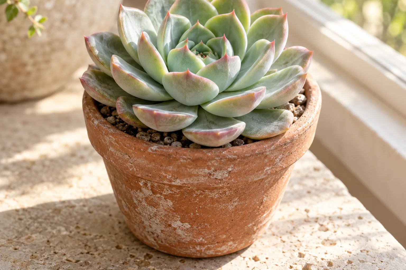 Echeveria succulenta verde con punte rosa in vaso di terracotta su davanzale soleggiato