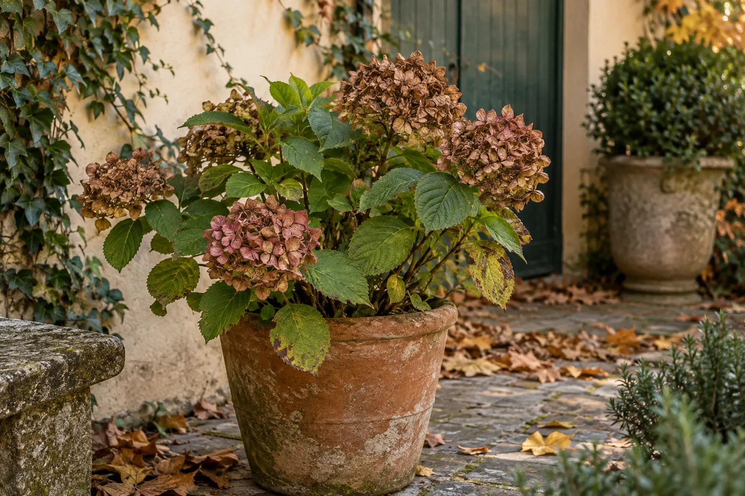 Vaso di terracotta con ortensie appassite su cortile lastricato autunnale