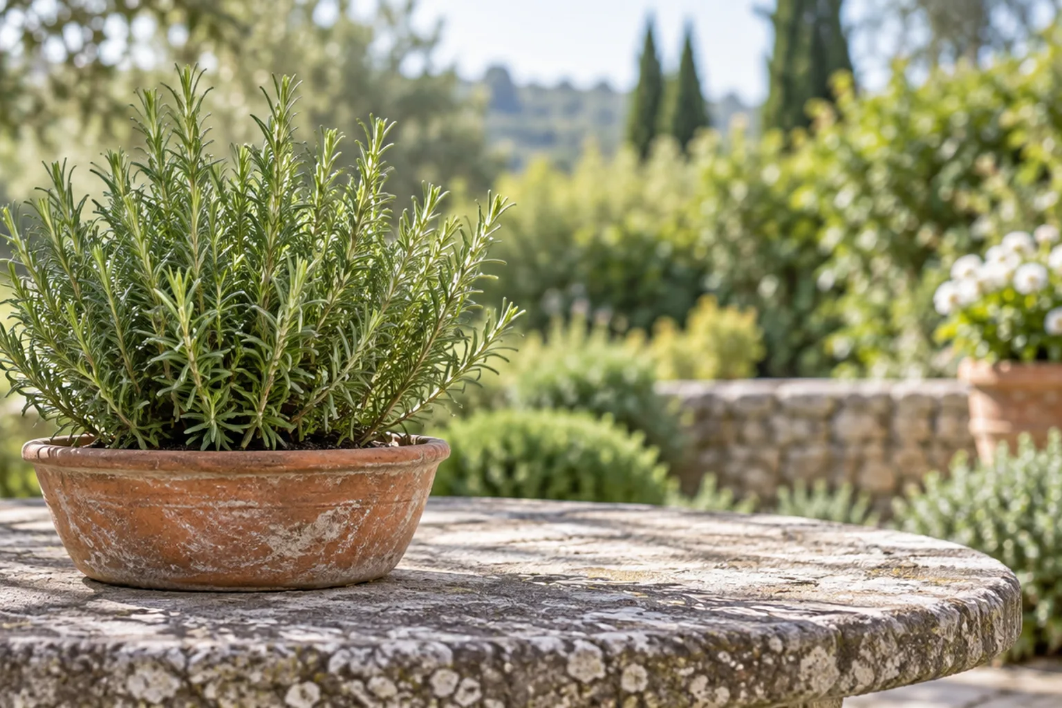 Vaso di terracotta con pianta di rosmarino su tavolo di pietra all'aperto
