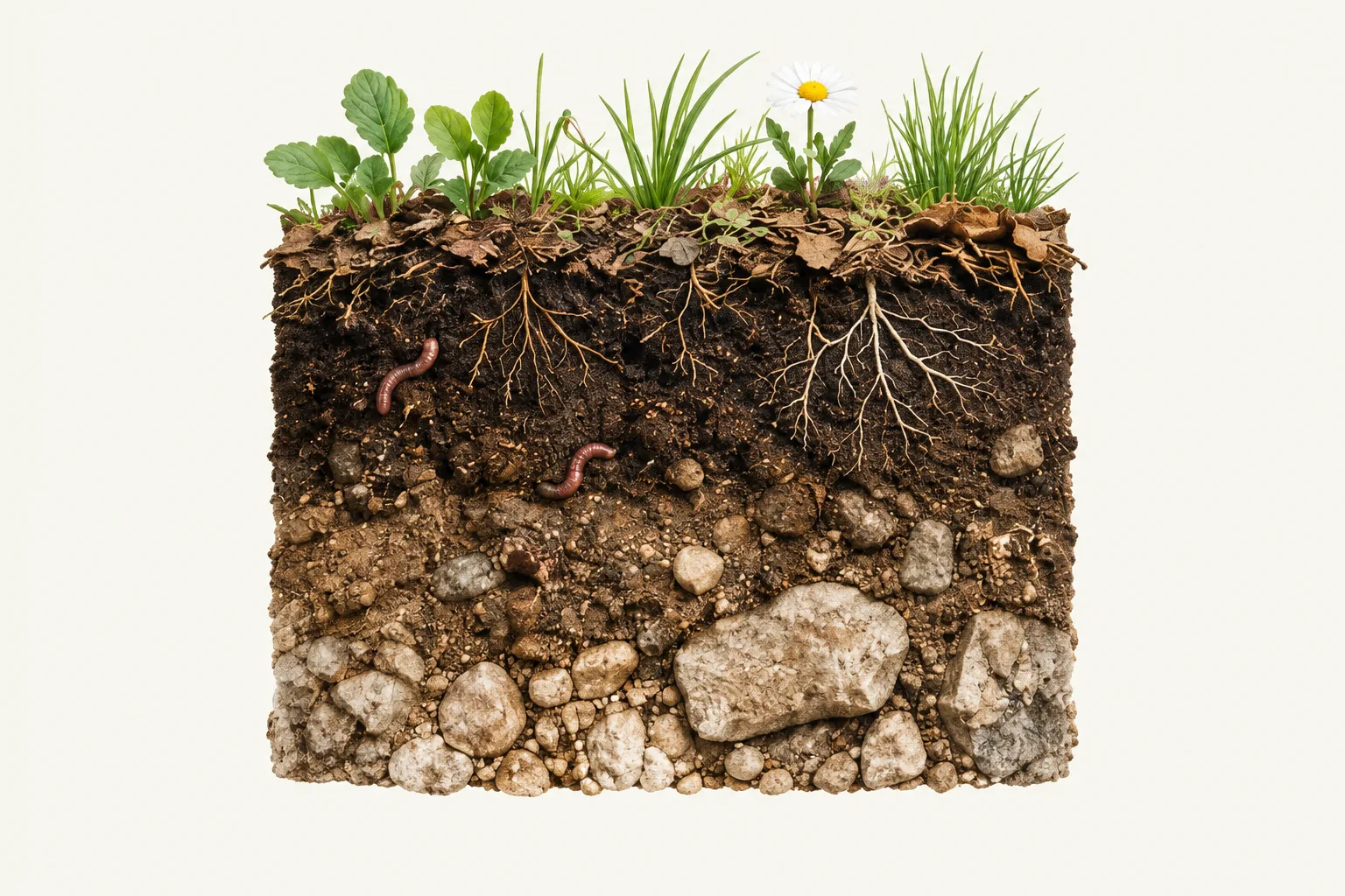 Sezione illustrativa del terreno con radici, materia organica e strati minerali.