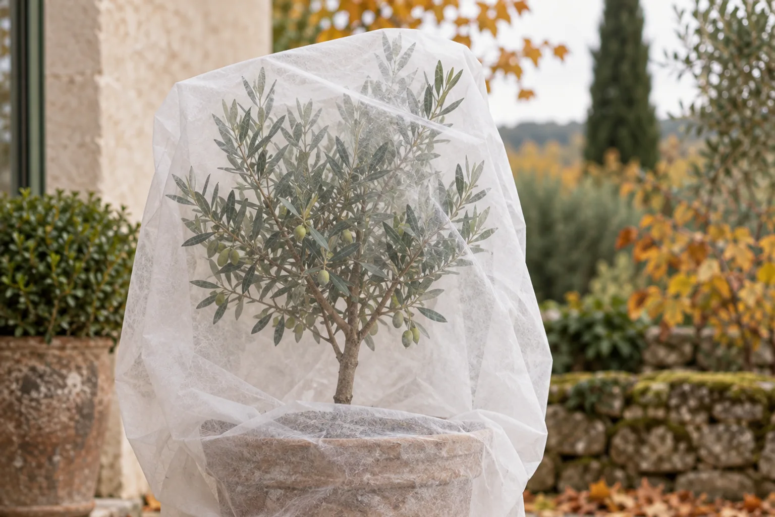 Olivo in vaso coperto con tessuto non tessuto protettivo contro il freddo